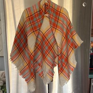 Falls Creek Plaid Fringed Poncho - Orange, Cream, Blue
